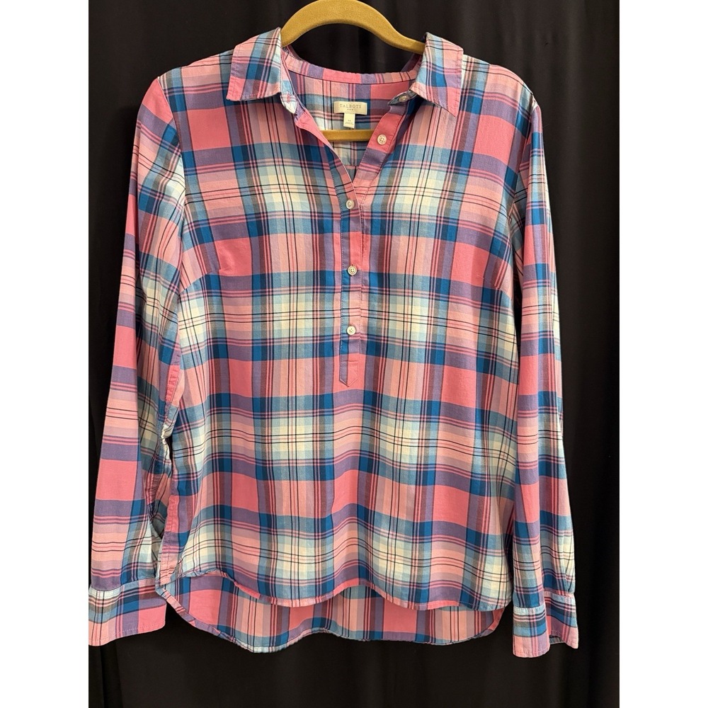 Women's Tops Talbots Half Button 100% Cotton Plaid Adjustable Sleeves